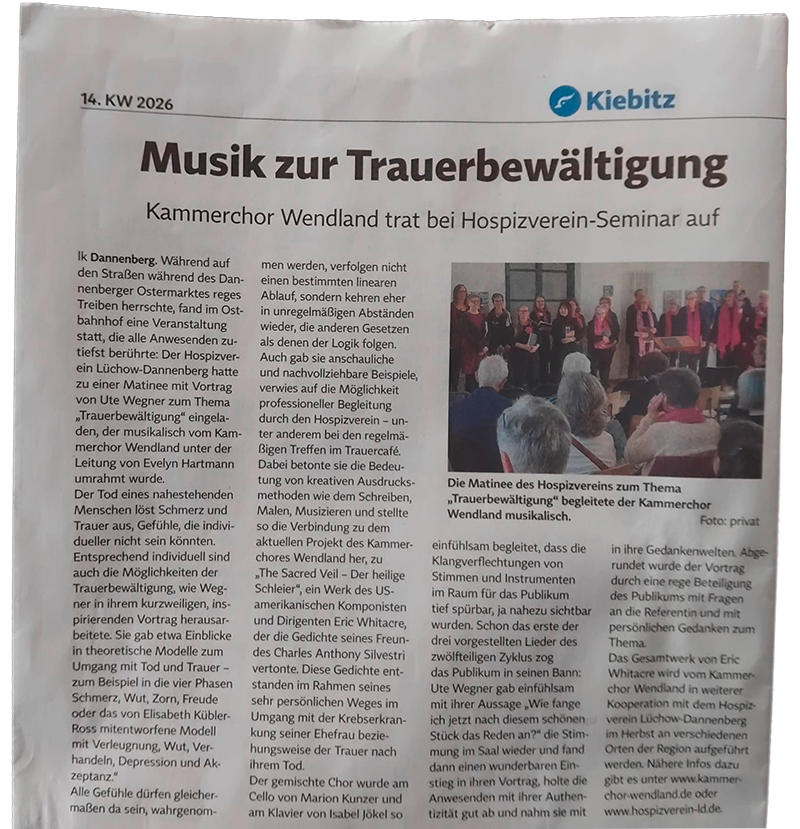 Zeitungsartikel zum Konzert des Kammerchores in Dannenberg